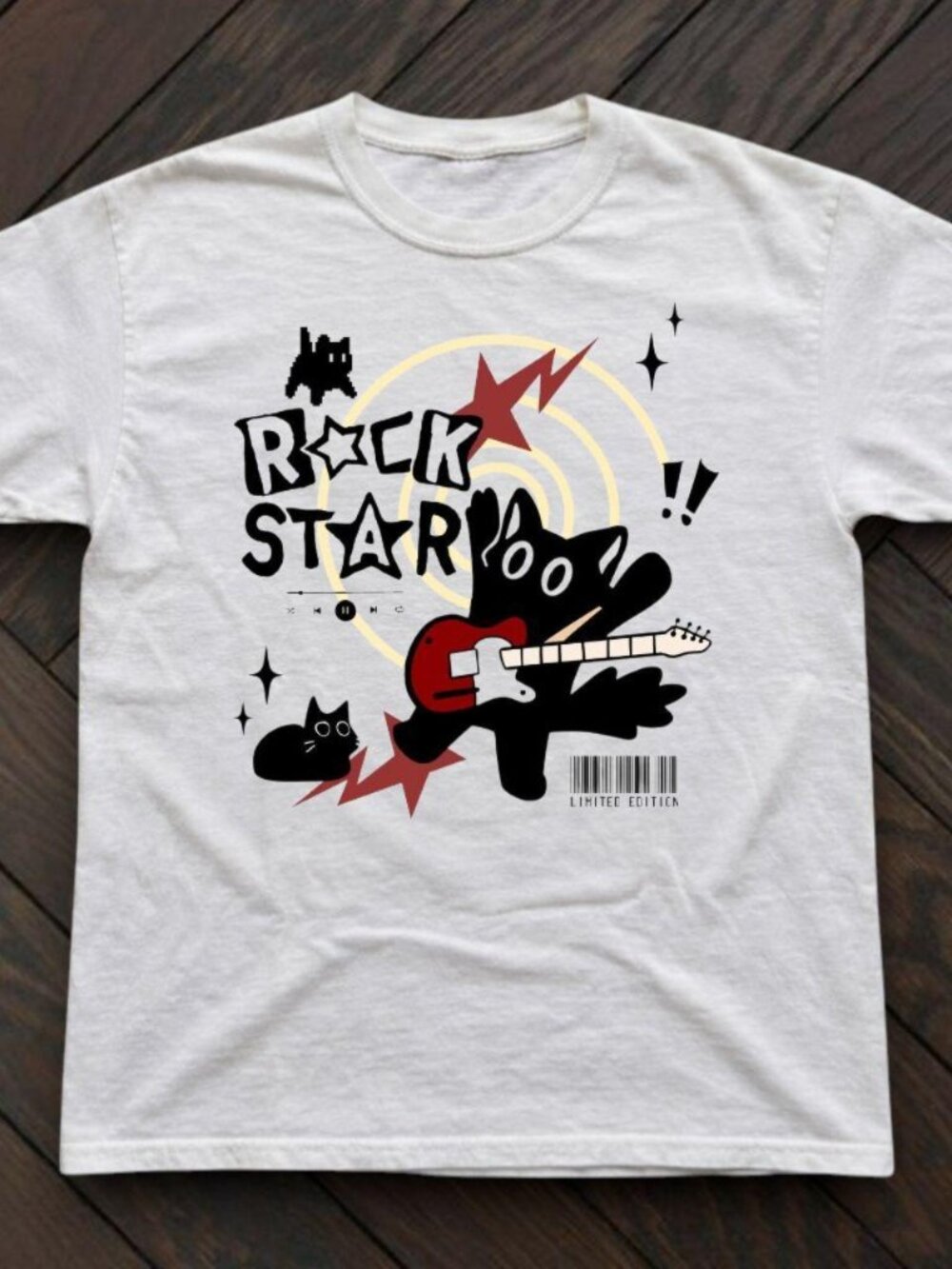 Rock star cat graphic white t-shirt indie cartoon guitar unisex tee